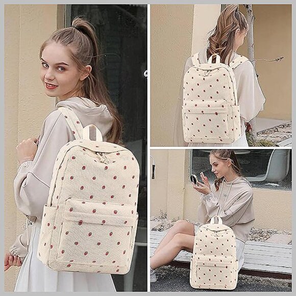 Large Corduroy Bookbag Lightweight 17 inch-Beige-strawberry 2pc - Picture 2 of 7